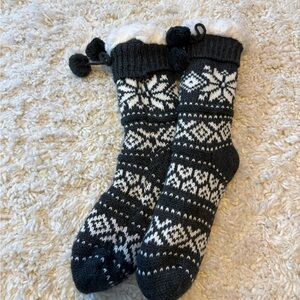 Dark Grey and White Knit Slipper Socks with Pom Poms